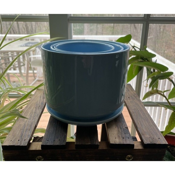 Ceramic Flower Succulent Planter Pots w/ Attached Saucer, Set of 3, Blue - Picture 2 of 10